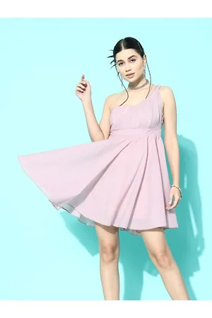 Berrylush Pink One Shoulder Net Fit & Flare Mini Dress