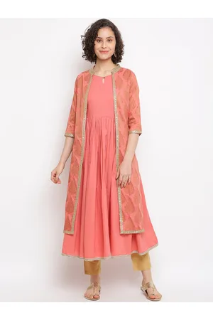 IMARA Keyhole Neck Anarkali Kurta With Ethnic Motifs Woven Design Jacket