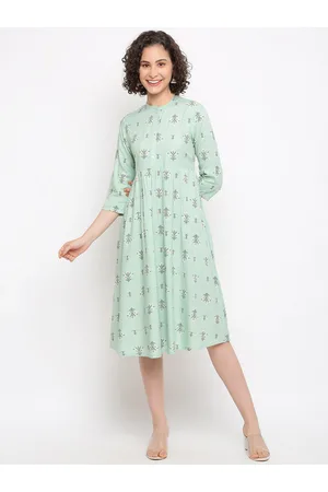 IMARA Floral Printed Mandarin Collar A-Line Midi Dress