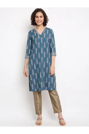 IMARA Ethnic Motifs Printed V-Neck Thread Work Kurta