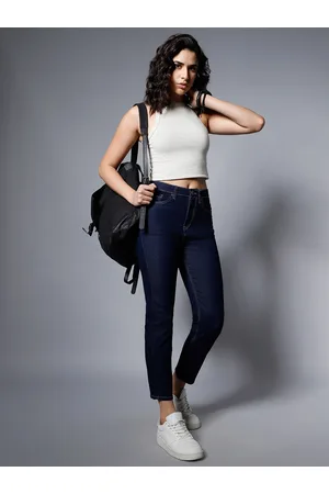 High Star Women Blue Straight Fit High-Rise Slash Knee Stretchable Jeans