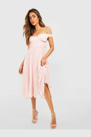 Boohoo Accordion Pleats Cold-Shoulder Midi Fit & Flare Dress