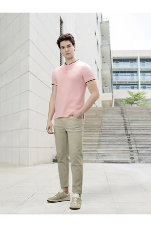 Invictus Men Pink Solid Henley Neck Pure Cotton T-shirt
