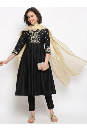 IMARA Floral Embroidered V-Neck Zari Pleated Kurta with Churidar & With Dupatta