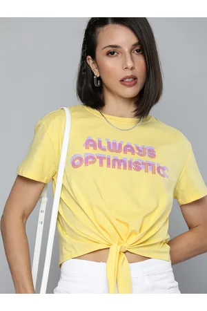 Flying Machine Women Yellow & Lavender Typography PrintedPure Cotton Boxy T-shirt
