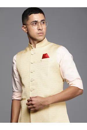 Men's Cream Self Design Nehru Jacket