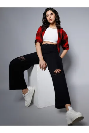 High Star Women Black Wide Leg High-Rise Slash Knee Jeans