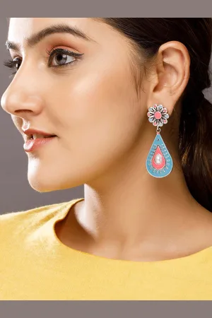 Rubans Women Silver-Toned & Blue Floral Drop Earrings