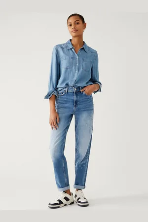 Marks & Spencer Women Boyfriend Fit High-Rise Low Distress Printed Heavy Fade Jeans