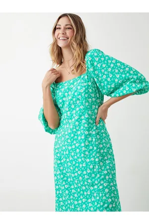 Dorothy Perkins Floral Print Puff Sleeves A-Line Midi Dress with Smocked Back