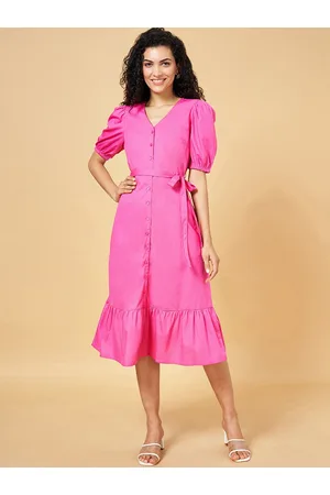 Pantaloons V-Neck Puff Sleeve Cotton A-Line Midi Dress