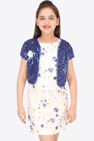 CUTECUMBER Girls Blue Floral Satin Sheath Dress With Shrug