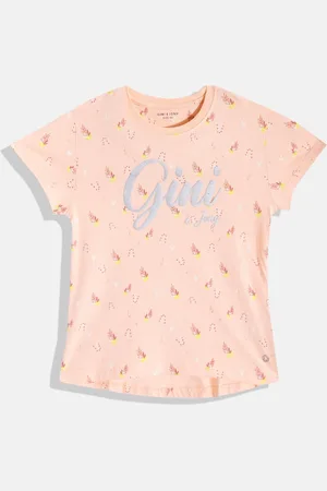 Gini and Jony Girls Floral & Brand Logo Print Pure Cotton T-shirt