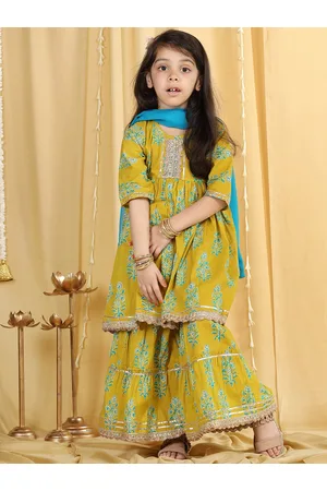 AJ DEZINES Girls Green & Blue Floral Printed Empire Cotton Kurta With Sharara & Dupatta