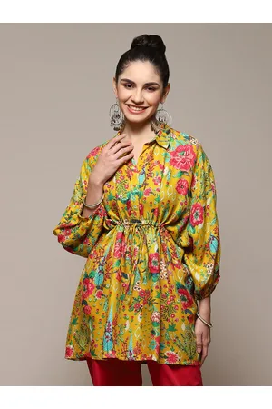 Biba Floral Printed Shirt Collar Puff Sleeves Longline Kaftan Top