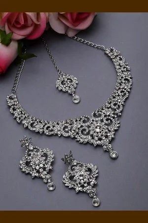 Sukkhi Rhodium-Plated AD-Studded Choker Necklace Jewellery Set