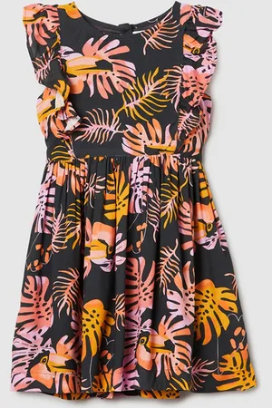 Max Collection Girls Tropical Printed Flutter Sleeve A-Line Dress