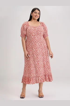 20Dresses Plus Size Orange Floral Printed Sweetheart Neck Smocked A-line Midi Dress
