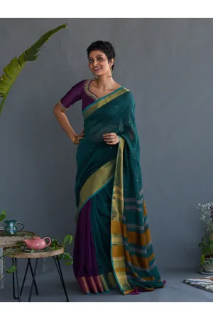 Suta Teal & Violet Sequined Pure Cotton Saree