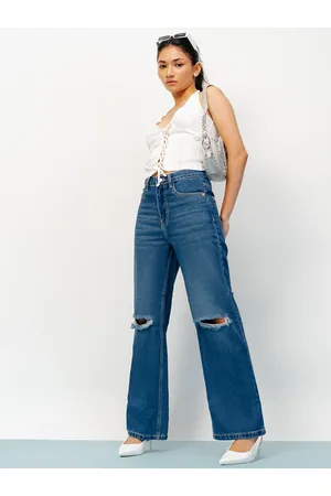 FREAKINS Women Blue Wide Leg High Rise Slash Knee Light Fade Pure Cotton Jeans