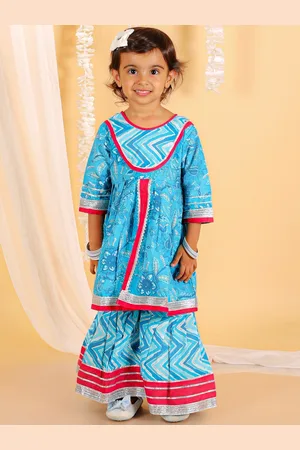 The Mom Store Girls Floral Printed Gota Patti Pure Cotton A-Line Kurta with Palazzos