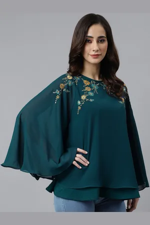 Janasya Embellished Flared Sleeve A-Line Georgette Top