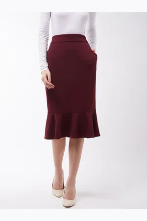 Miss Chase Women Maroon Solid Bodycon Peplum Skirts
