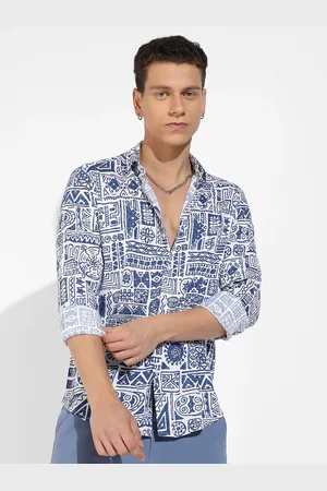 Campus White & Blue Classic Ethnic Motifs Printed Cotton Casual Shirt