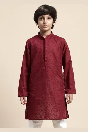 Sanwara Boys Floral Embroidered Mandarin Collar Thread Work Cotton Straight Kurta