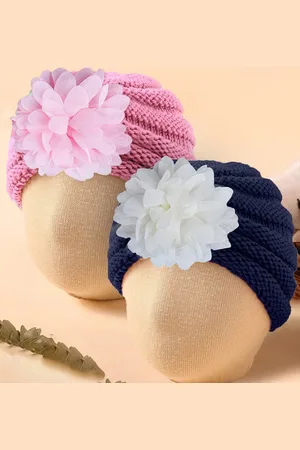 Baby Moo Kids Set of 2 Woollen Beanie With Floral Embellished