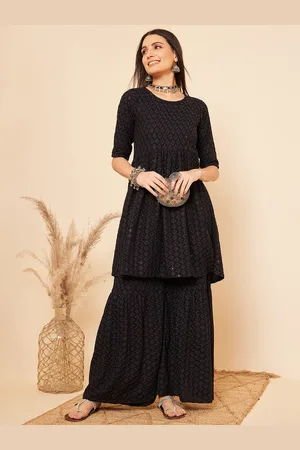 InWeave Black Ethnic Motifs Embroidered Chikankari A-Line Kurta With Sharara
