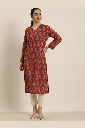 HERE&NOW V-Neck Floral Printed Pure Cotton Kurta