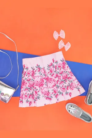 Pantaloons Girls Floral Printed Pleated Pure Cotton A-Line Skirt