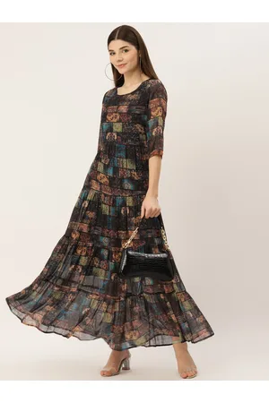 DressBerry Black Abstract Printed Tiered Georgette Fit & Flare Midi Dress