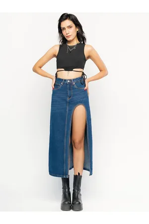 FREAKINS Blue Front High Slit Midi Denim Straight Skirts