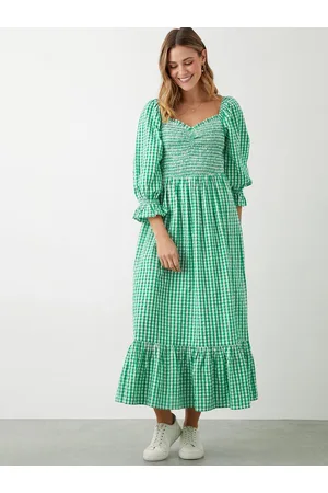 Dorothy Perkins Green & White Checked Puff Sleeve Maxi Dress