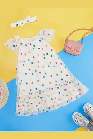 Pantaloons Girls Polka Dots Printed Cap Sleeve Cotton A Line Dress With Headband
