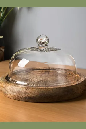 Homesake Beige Wooden Cake Stand With Transparent Glass Dome
