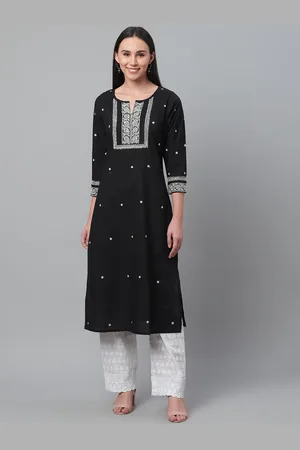 akheri Women Black & White Chikankari Embroidered Straight Kurta