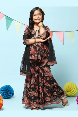 Biba Girls Floral Printed Empire Gotta Patti Kurta With Sharara & Dupatta