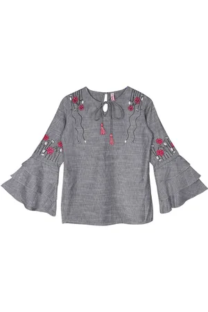 Ishin Grey Floral Embroidered Regular Top
