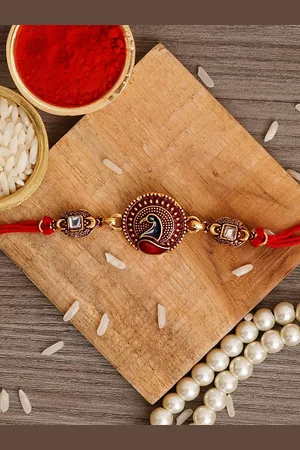 eCraftIndia Gold & Red Peacock Designer Rakhi and Roli Chawal Pack