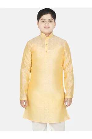 SG Boys Floral Embroidered Mandarin Collar Jacquard Weave Raw Silk Straight Kurta