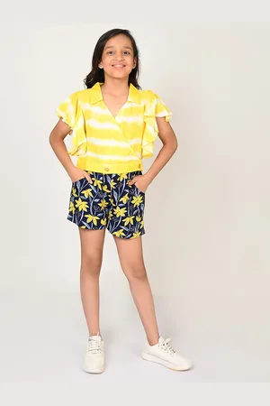 LIL DRAMA Girls Yellow & Black Printed Top with Shorts