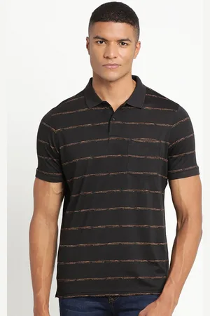 Turtle Men Black Striped Pure Cotton Polo Collar Slim Fit T-shirt