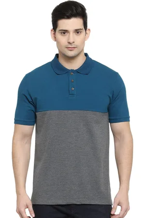 Kalt Men Charcoal Grey & Blue Colourblocked Polo T-shirt