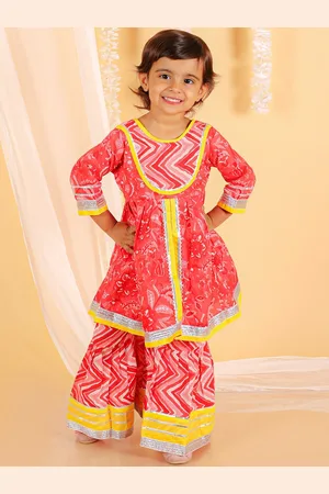 The Mom Store Girls Floral Printed Pure Cotton A-Line High Slit Kurta with Palazzos