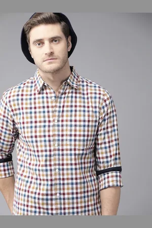 Roadster Men White & Mustard Yellow Pure Cotton Gingham Checks Checked Sustainable Casual Shirt