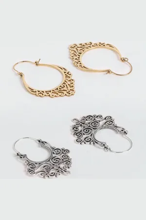 EL REGALO Set Of 2 Gold-Plated & Silver-Plated Contemporary Hoop Earrings