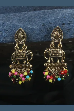 ANIKAS CREATION Gold-Plated Antique Elephant Shaped Drop Earrings